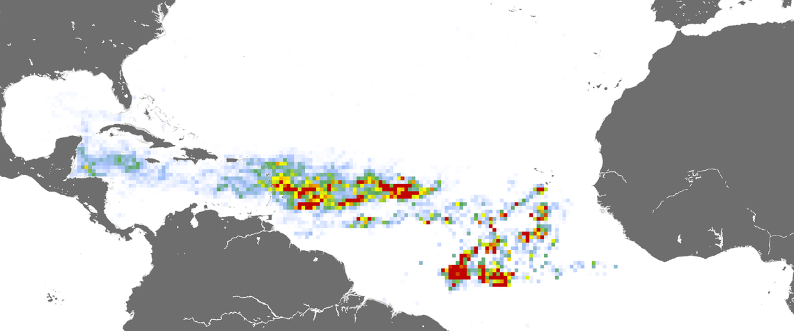 This map from the University of South Florida Optical Oceanography Laboratory shows the sargassum bloom as of February 2023. Red areas have a higher density of seaweed.