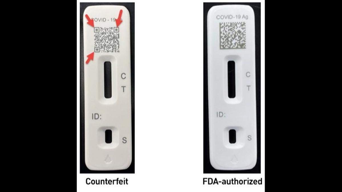 An example shared by the FDA comparing a counterfeit Flowflex COVID-19 Antigen Home Test with a real, FDA-authorized one.