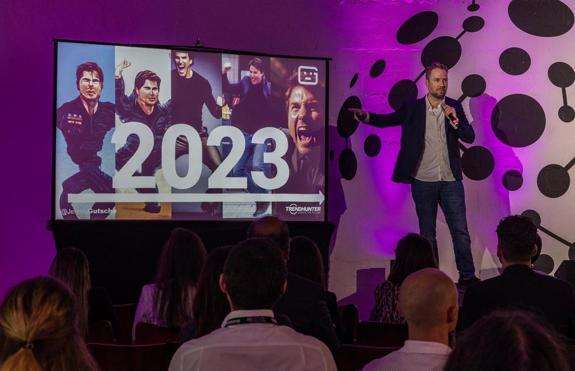 Innovation Keynote Speaker Jeremy Gutsche, CEO of Trend Hunter, speaks during the Future Festival Miami Innovation Conference, in Miami, on Tuesday, February 25, 2025.
