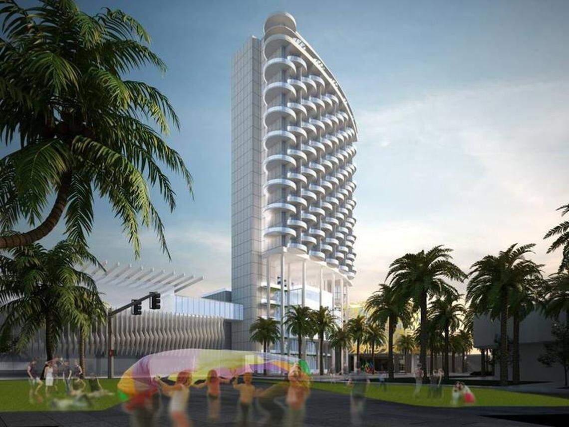 Rendering of the 25-story hotel that Atlanta-based Portman Holdings proposed as a convention center headquarter hotel in 2016. The project was rejected by voters.