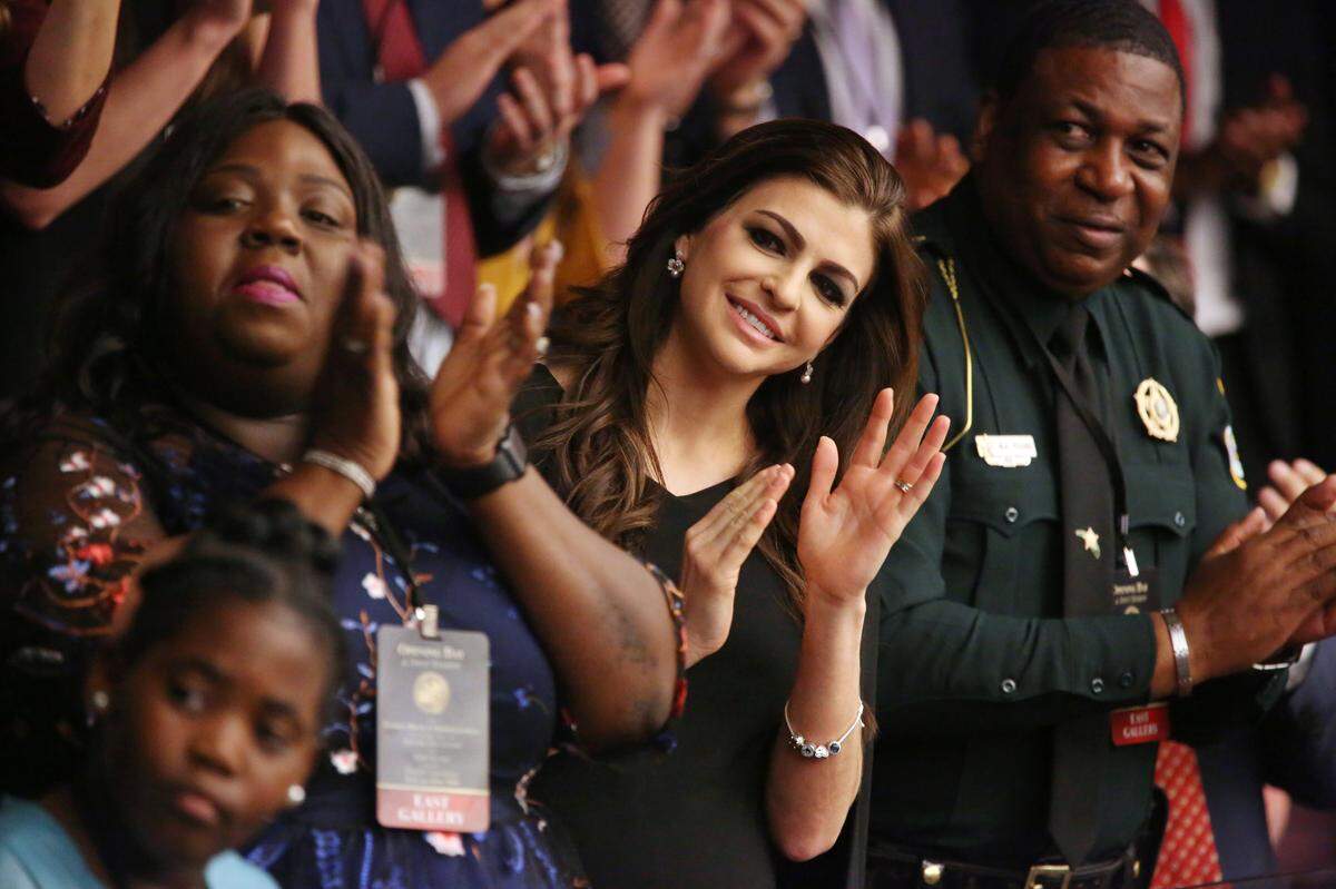 Florida’s first lady, Casey DeSantis, center, waves to a visitor in the Florida House gallery on Tuesday, Jan. 14, 2020, as her husband, Florida Gov. Ron DeSantis gave the State of the State address to a joint session of the Florida Legislature in Tallahassee.