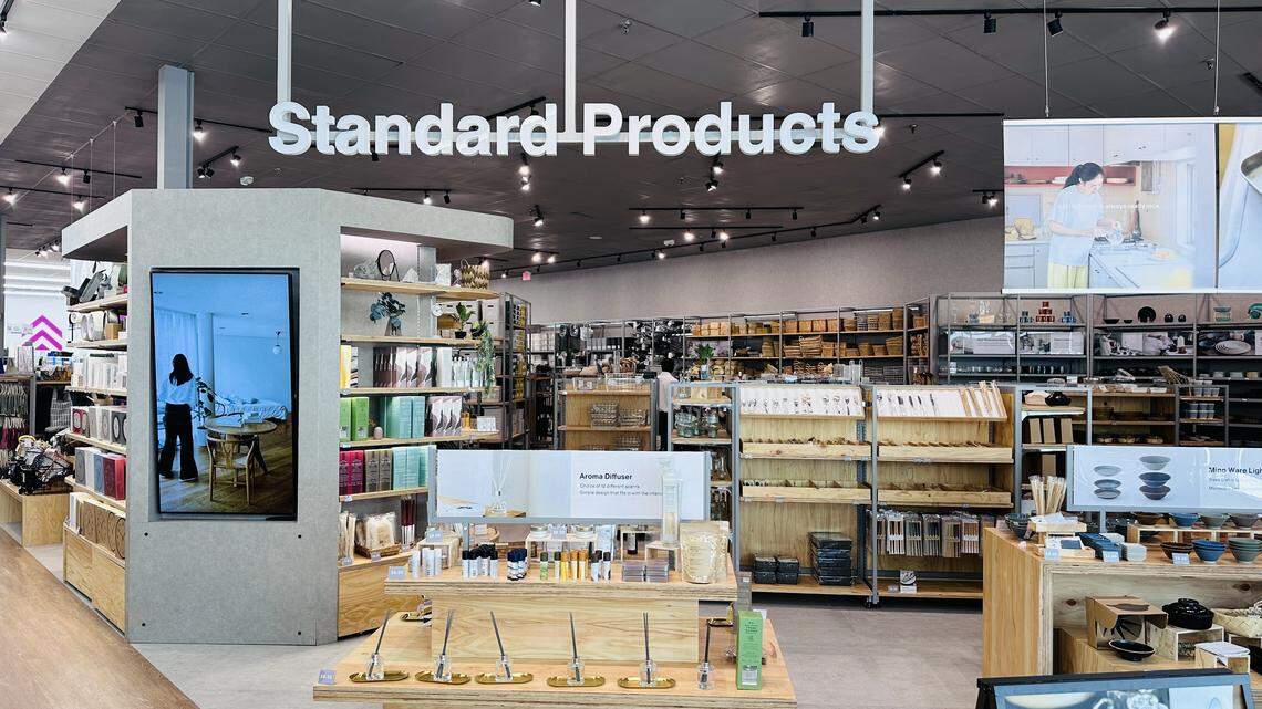 Standard products like home and kitchen items storefront at the new Kendall Higate Square Daiso on grand opening week of Feb. 19, 2026.
