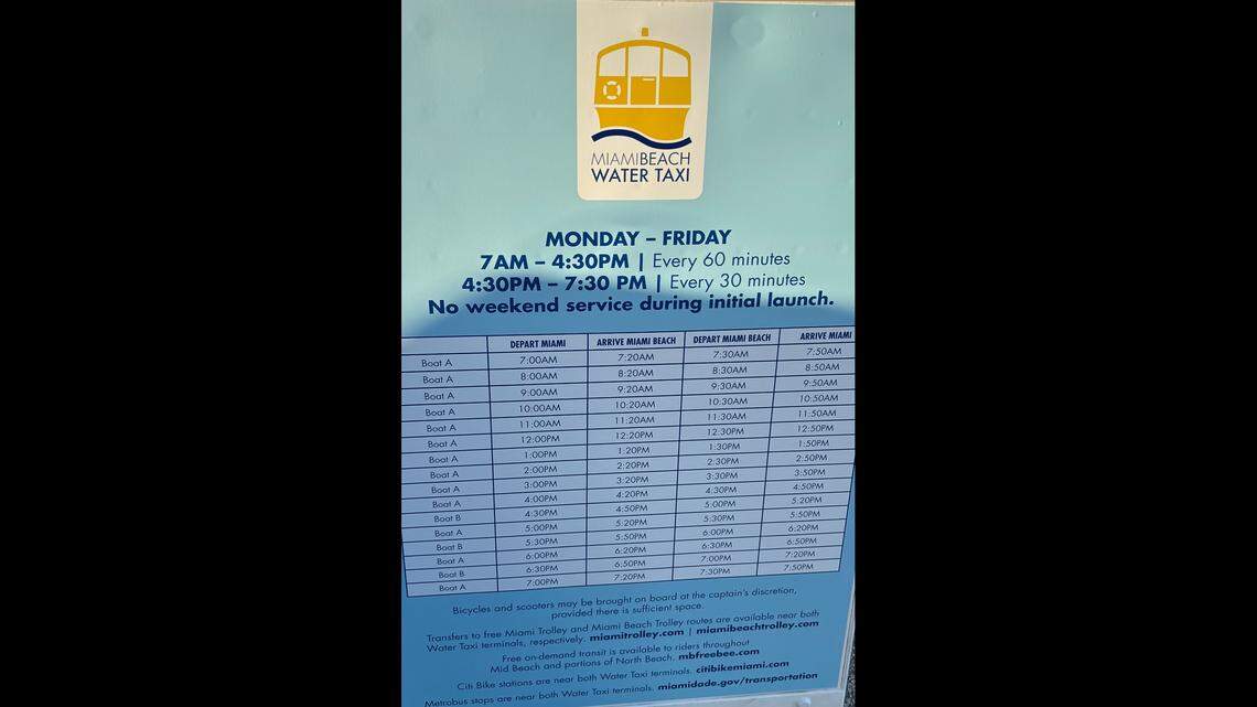 A sign at the Maurice Gibb Memorial Park dock in South Beach displays the schedule of a new water taxi between Sunset Harbour and the Venetian Marina and Yacht Club in downtown Miami on Tuesday, Jan. 20, 2026.