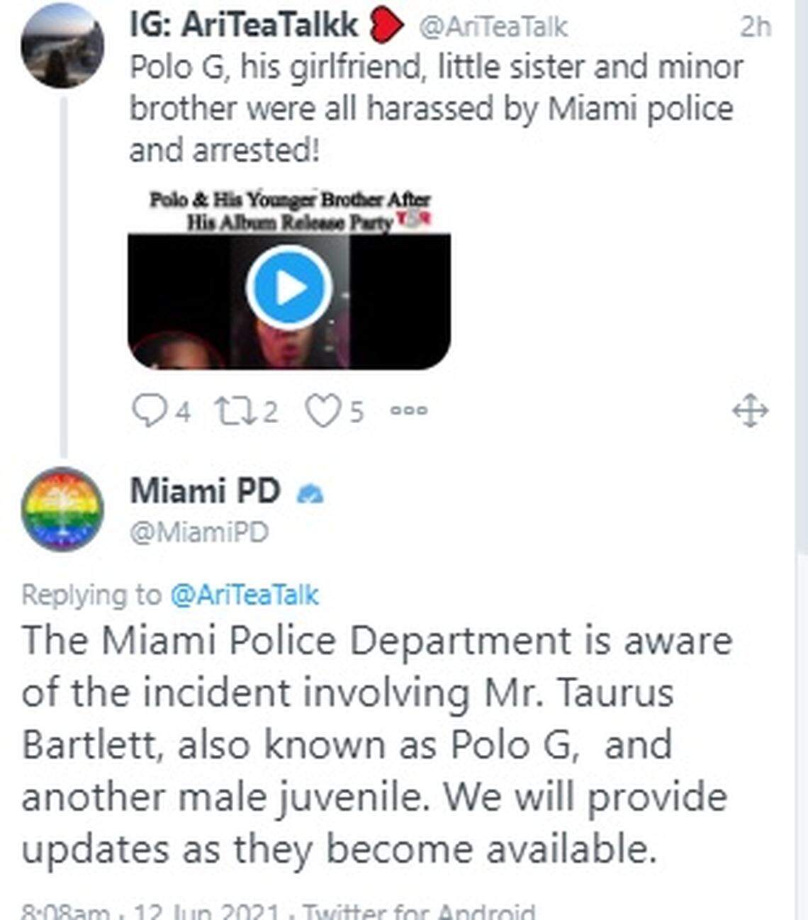Comments section on Miami Police tweet regarding Miami rapper Polo G, born Taurus Bartlett on June 12, 2021.