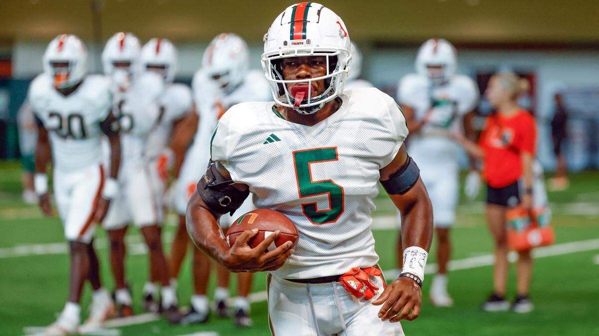 Miami Hurricanes safety Kamren Kinchens (5) runs through drills at the Carol Soffer Indoor Practice Facility at the University of Miami in Coral Gables on Wednesday, August 9, 2023.