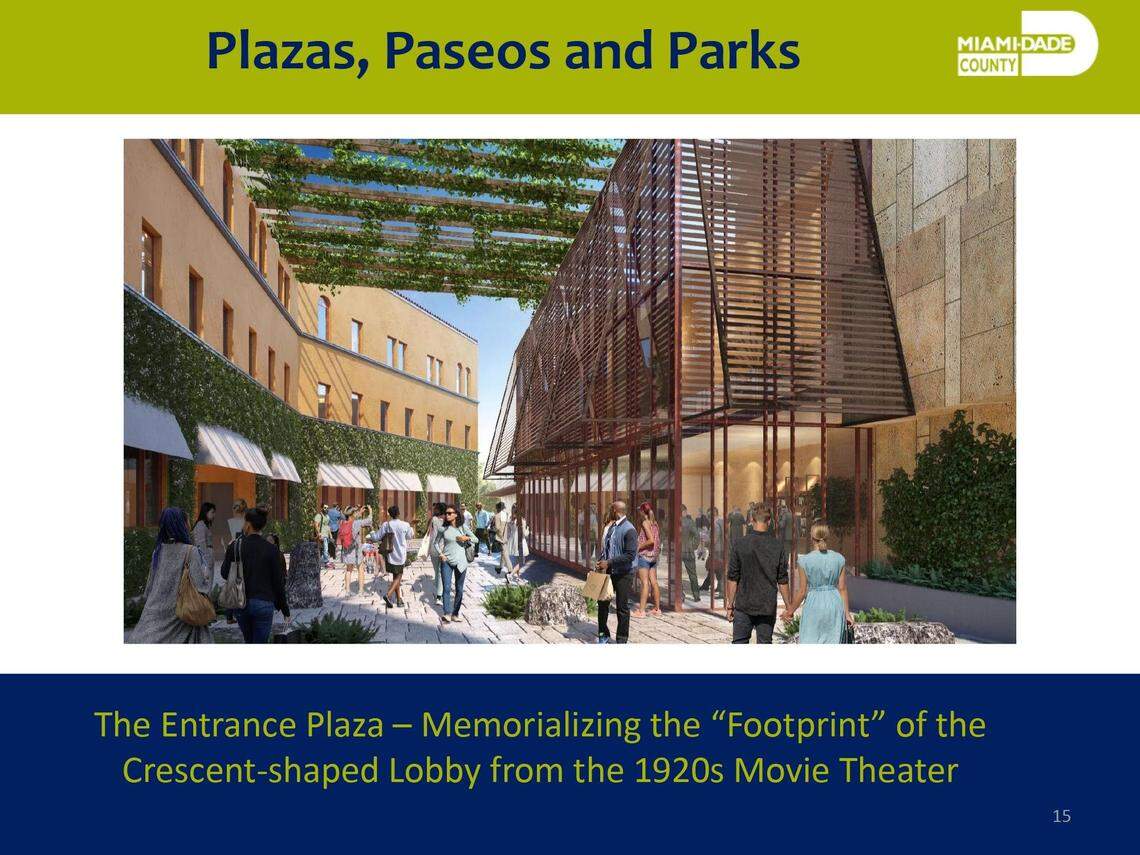 An architectural rendering from a modified plan prepared under the guidance of Miami-Dade Commissioner Raquel Regalado shows the restored front building of the Coconut Grove Playhouse at left, with a new, woodsier, greener and shadier plaza and exterior for the planned new freestanding modern theater at right.