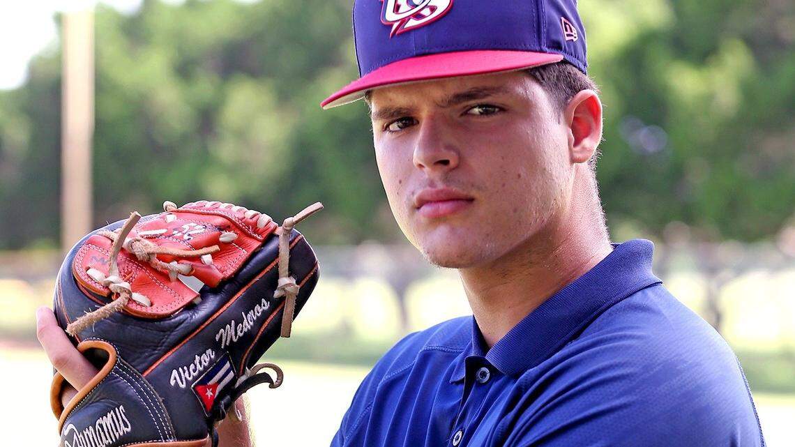 Victor Mederos, a 17-year-old right-handed pitcher from Monsignor Pace, August 16, 2018. He will be a junior at Pace this fall but has already committed to the University of Miami on a baseball scholarship and is also competing to make Team USA junior team this fall.
