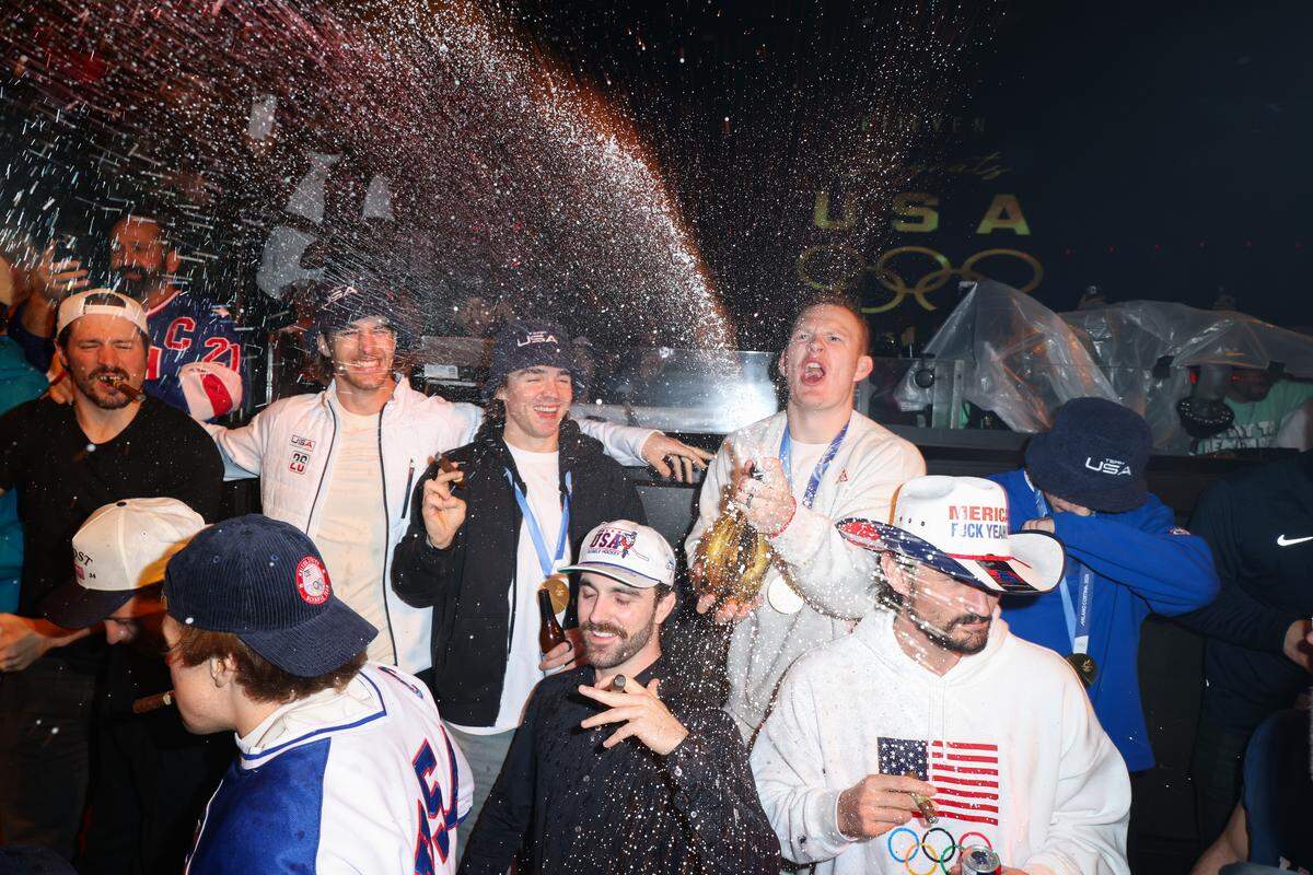 MIAMI, FLORIDA - FEBRUARY 23: Brady Tkachuk and Team USA Men's Hockey attends a celebration of the USA Men's Hockey Team's Olympic Gold at E11EVEN Miami on February 23, 2026 in Miami, Florida.  (Photo by Alexander Tamargo/Getty Images for E11EVEN Miami)