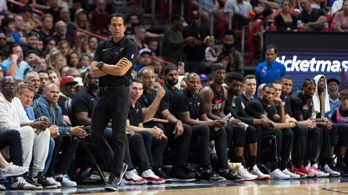 Miami Heat head coach Erik Spoelstra looks on as his team plays against the New York Knicks in the second half of an NBA game at Kaseya Center on April 2, 2024, in Miami.