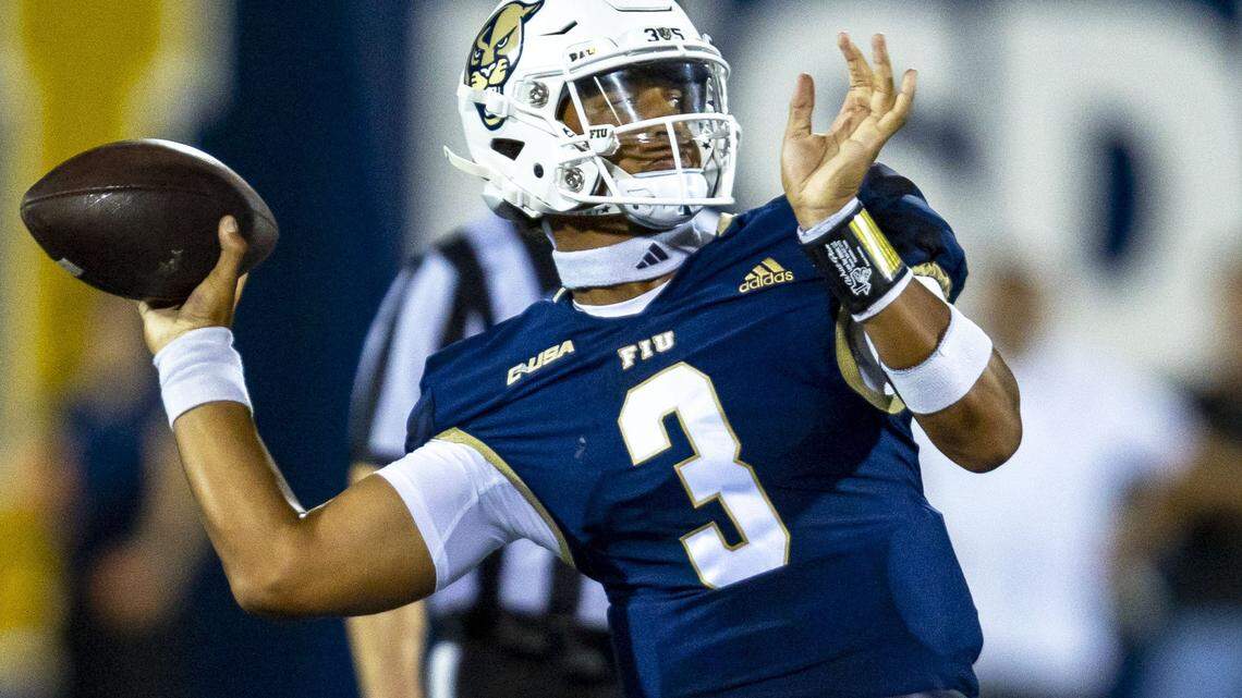 Florida International University quarterback Grayson James (3) throws the ball down field during the second half of an NCAA Conference USA football game against Bryant University at Riccardo Silva Stadium in Miami, Florida, on Thursday, September 1, 2022.