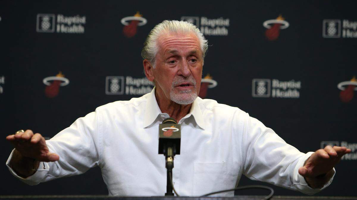 Miami Heat President Pat Riley talks to the media after the June 20 NBA Draft.