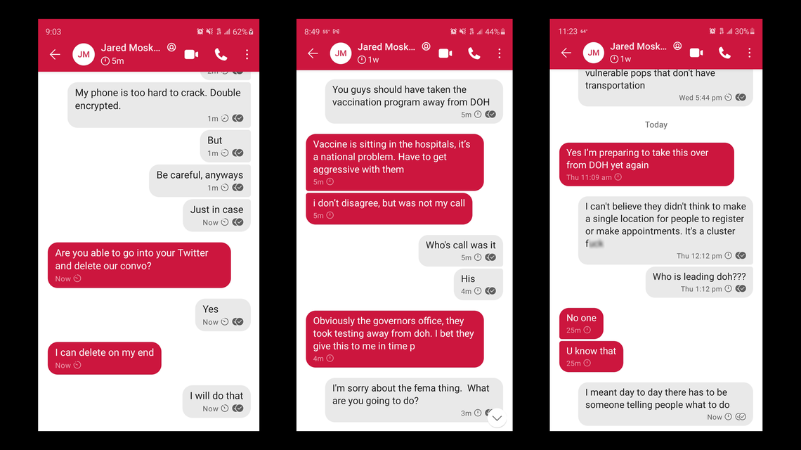 Signal messages between Rebekah Jones and Jared Moskowitz, former director of emergency management. Respectively the screenshots are dated Dec. 8, Dec. 23 and Dec. 31, 2020.