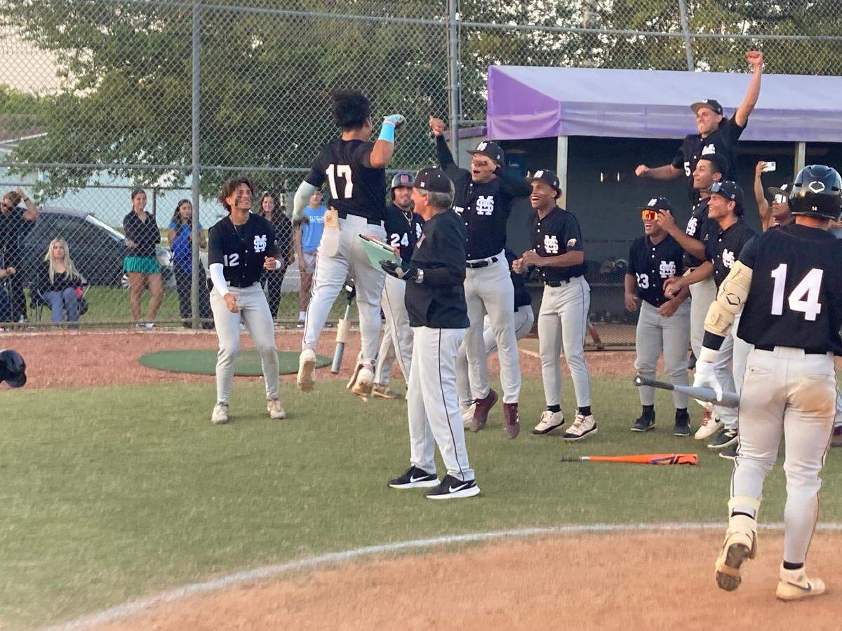 Miami Springs’ Ivan Membreno leaps into the air after hitting one of his two home runs in Thursday’s 7-2 win over Southwest in the GMAC baseball final at Southwest.