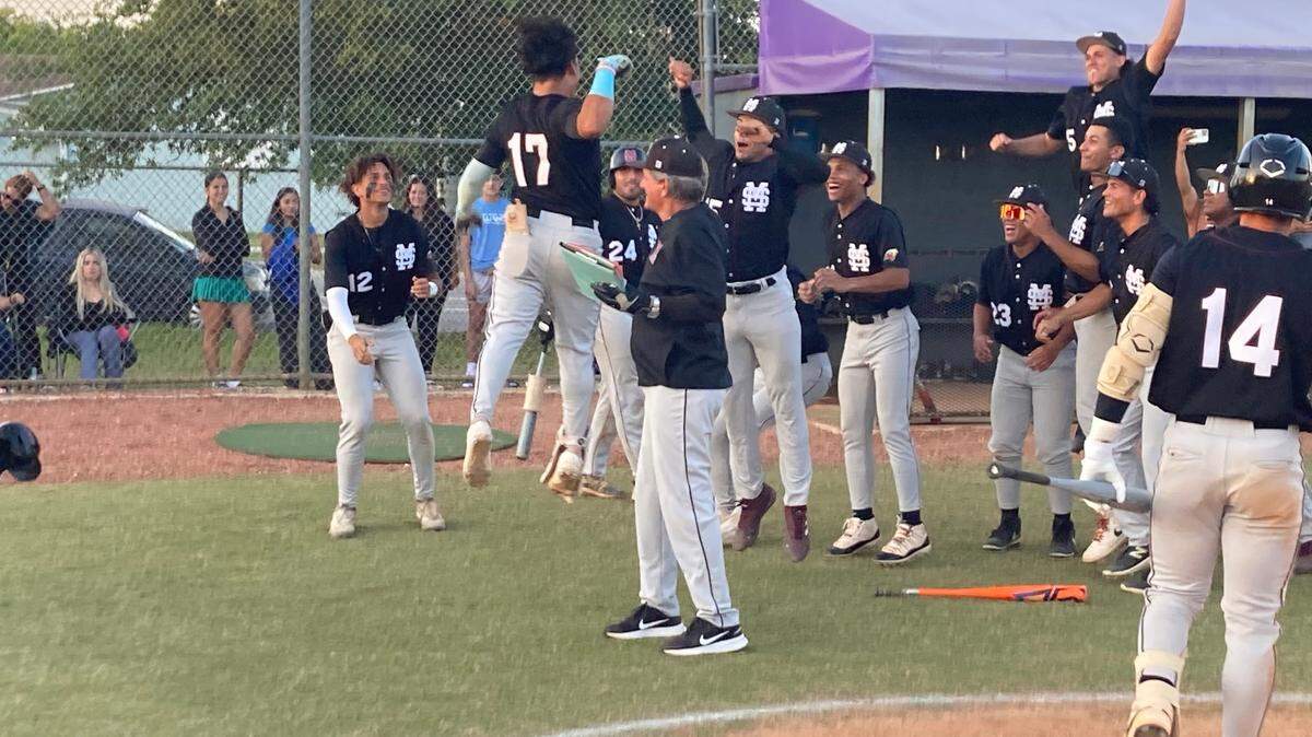 Miami Springs’ Ivan Membreno leaps into the air after hitting one of his two home runs in Thursday’s 7-2 win over Southwest in the GMAC baseball final at Southwest.