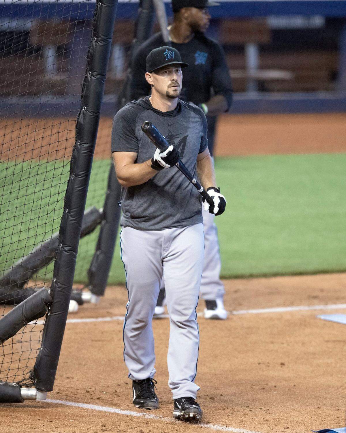 Miami Marlins catcher Ryan Lavarnway exits the batting practice cage during Marlins training camp at Marlins Park on Wednesday, July 8, 2020.