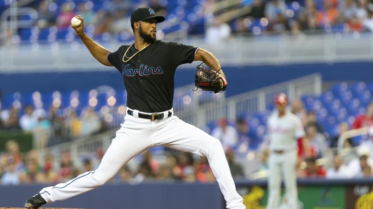 Miami Marlins pitcher Sandy Alcantara (22) pitches against the Philadelphia Phillies in the first inning of a baseball game at Marlins Park in Miami on Friday, April 12, 2019.