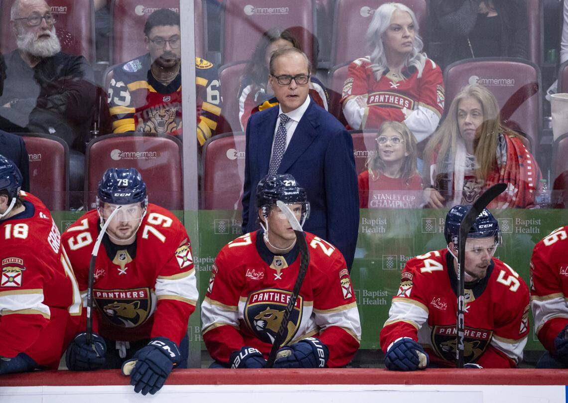 Florida Panthers head coach Paul Maurice watches his team play against the Detroit Red Wings in the third period of their NHL game at the Amerant Bank Arena on Wednesday, April 15, 2026, in Sunrise, Fla.