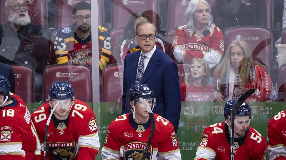 Florida Panthers head coach Paul Maurice watches his team play against the Detroit Red Wings in the third period of their NHL game at the Amerant Bank Arena on Wednesday, April 15, 2026, in Sunrise, Fla.