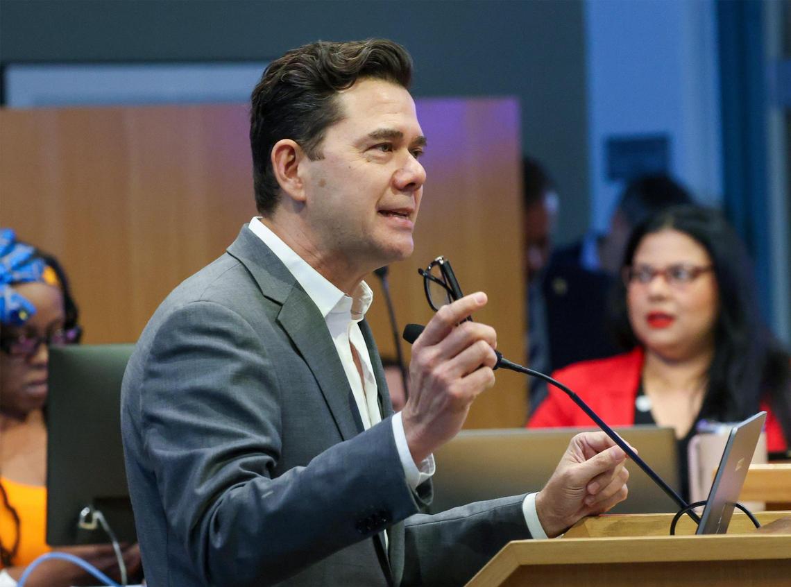 Former Miami City Commissioner Ken Russell addresses the Miami City Commission during public remarks as the commission met to vote on funding at the Miami Freedom Park site on Thursday, Feb. 13, 2025, in Miami.
