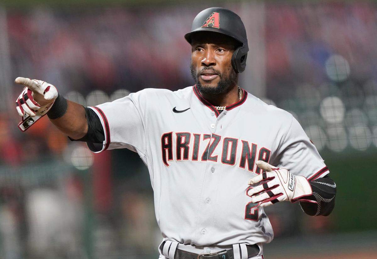 SAN FRANCISCO, CALIFORNIA - AUGUST 22: Starling Marte #2 of the Arizona Diamondbacks reacts towards a teammate after he scored against the San Francisco Giants in the top of the seventh inning at Oracle Park on August 22, 2020 in San Francisco, California. (Photo by Thearon W. Henderson/Getty Images)