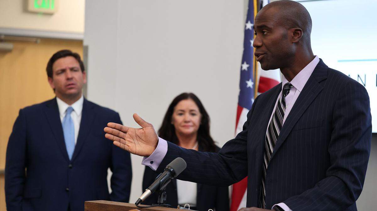 Florida Surgeon General Dr. Joe Ladapo during a press conference with Gov. Ron DeSantis at the NeoCity Academy in Kissimmee on Wednesday, Sept. 22, 2021, the day after DeSantis appointed him as surgeon general. On Thursday, May 4, 2023, the Florida Senate confirmed Ladapo to a second term.
