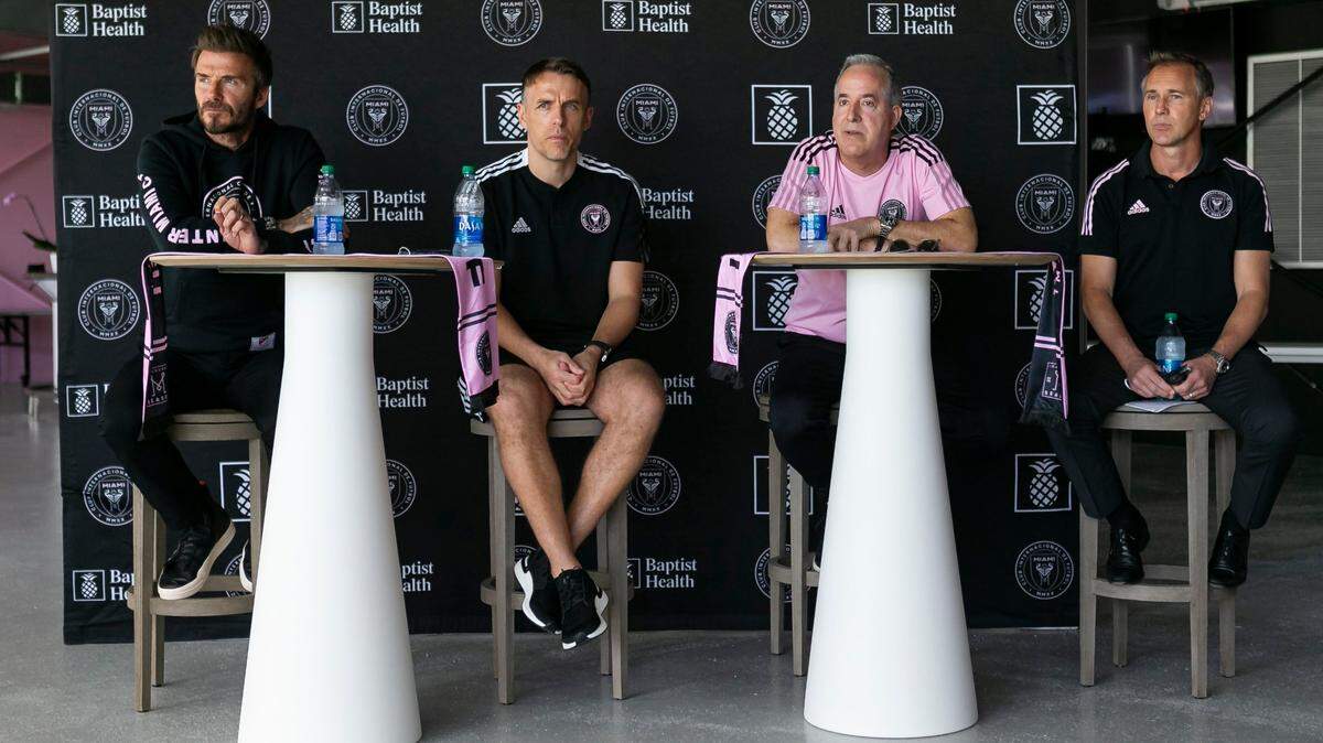 From left to right: David Beckham, Phil Neville, Jorge Mas and Chris Henderson speak to the press during an Inter Miami preseason event at Inter Miami CF Stadium in Fort Lauderdale on Saturday, February 27, 2021.