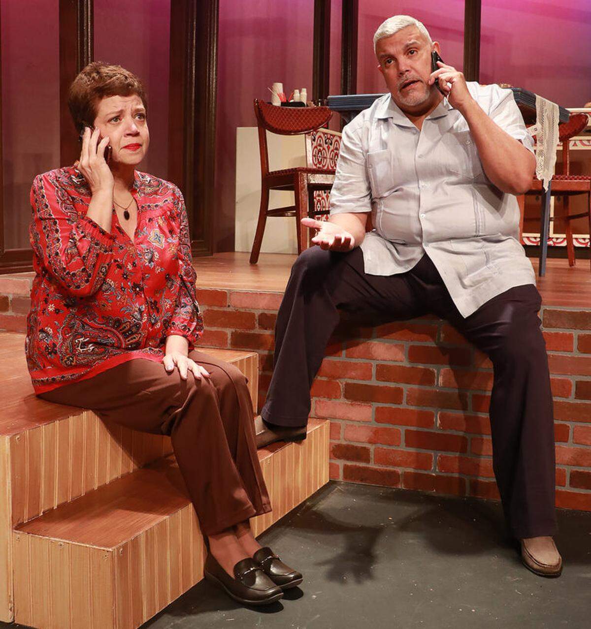From left, Barbara Bonilla’s Marilyn talks to JL Rey as her brother Tio Eme in Richard Blanco and Vanessa Garcia’s “Sweet Goats and Blueberry Señoritas.” 