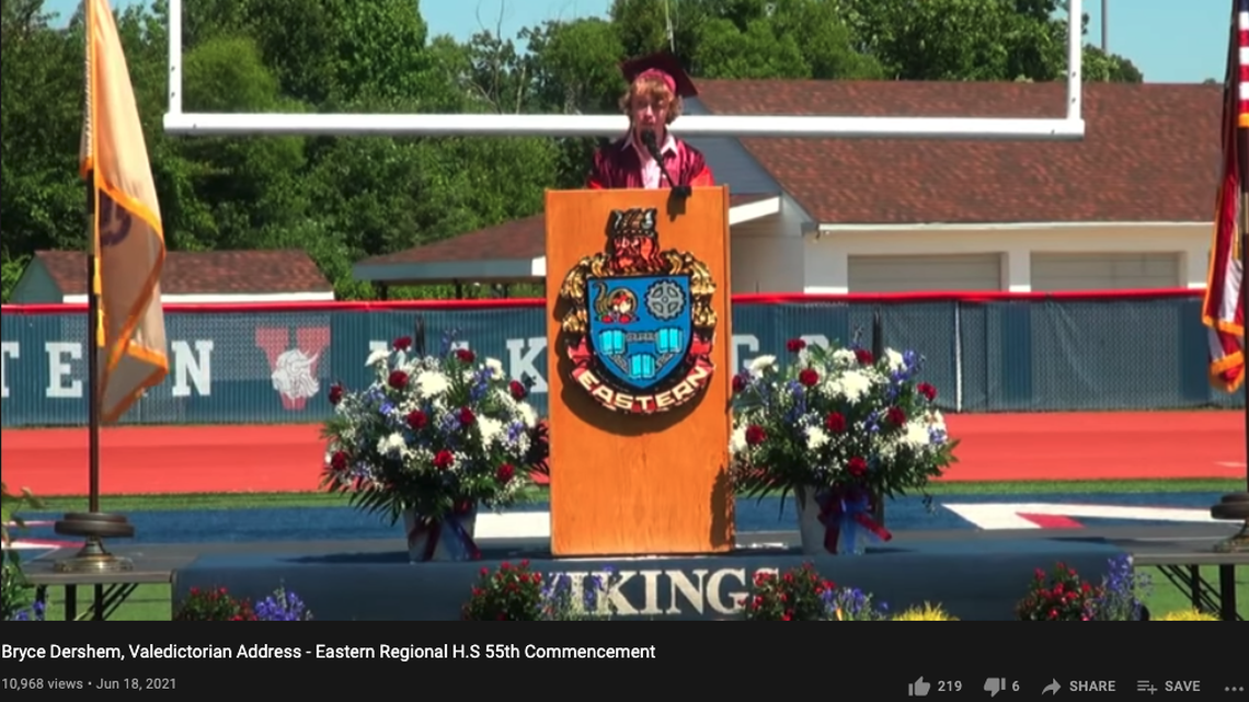 Bryce Dershem said his valedictorian speech at Eastern Regional High School in New Jersey was censored by school administrators.