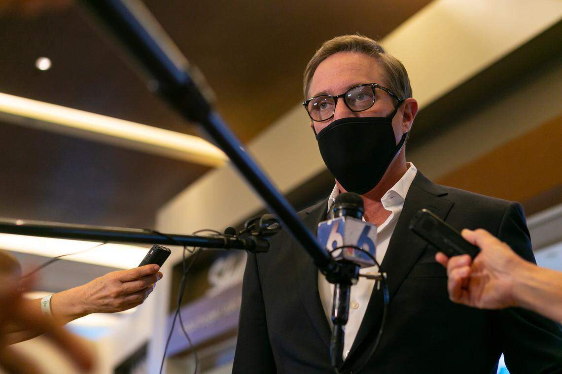 Chief Executive Officer of the Miami Dolphins Tom Garfinkel speaks to the media after holding a press conference at the Hard Rock Stadium in Miami Gardens, Florida, on Monday, August 24, 2020. The press conference announced that up to 13,000 fans would be allowed to return to the Hard Rock Stadium for Miami Dolphins and Hurricanes home openers.