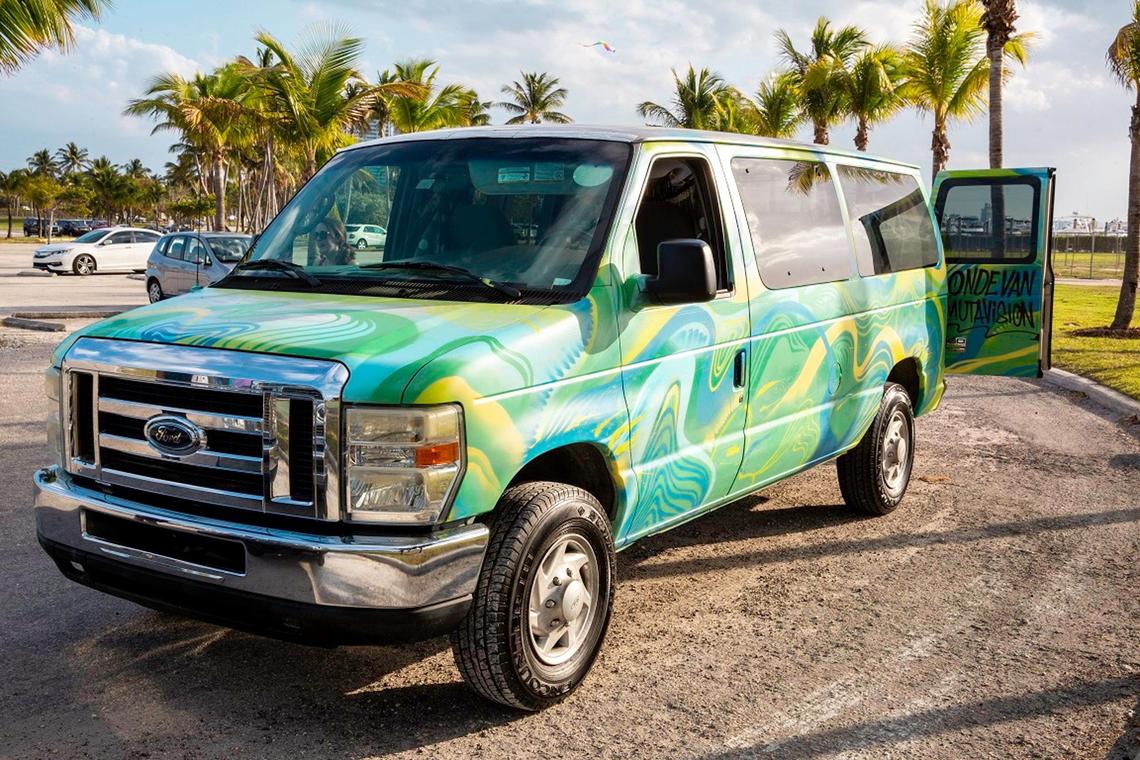 Miami, Florida, May 5, 2020- One of the vans in Ondevan’s fleet. Ondevan is co-owned by Haley Kirk and Omar Bendezœ and they rent camper vans to tourists to travel around the country.
