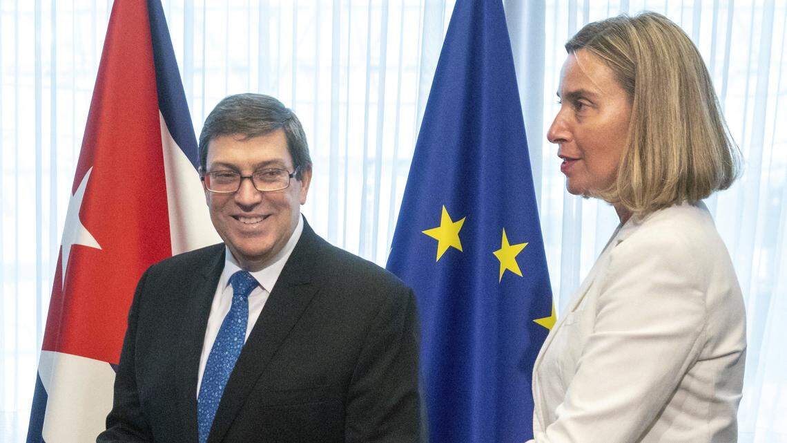 Cuba's Foreign Minister Bruno Rodríguez, left, speaks with European Union foreign policy chief Federica Mogherini during an EU-Cuba Joint council in Brussels on May 15, before heading to Geneva for a United Nations review of Cuba's  human rights record.