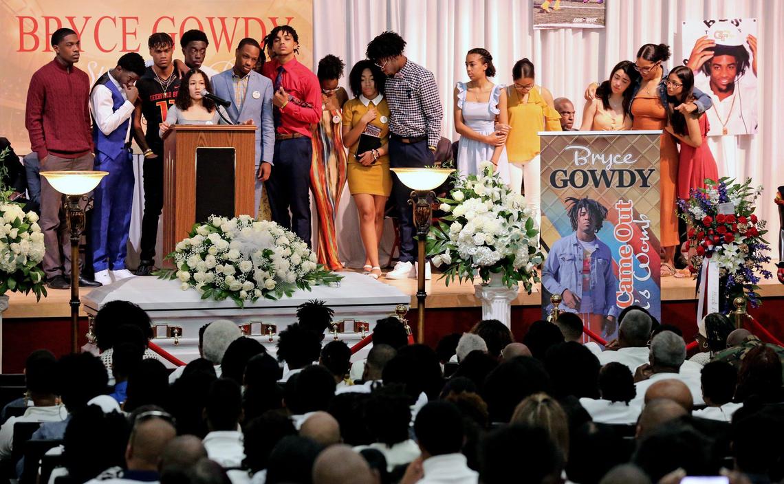 Students speak about the life of Bryce Jaden-Lee Zane Gowdy during a memorial service for the senior football player at Deerfield Beach High School on Saturday, January 11, 2020.