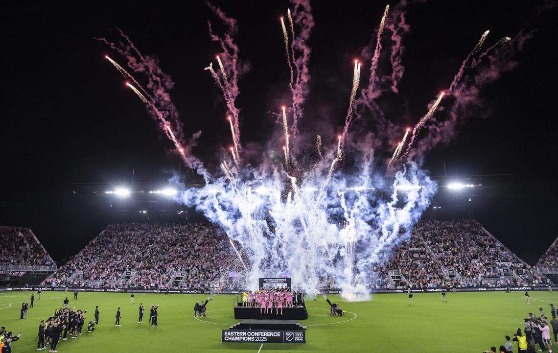 Inter Miami players celebrate with the MLS Eastern Conference final trophy after they defeated New York City FC during their match at Chase Stadium on Saturday, Nov. 29, 2025, in Fort Lauderdale, Fla.