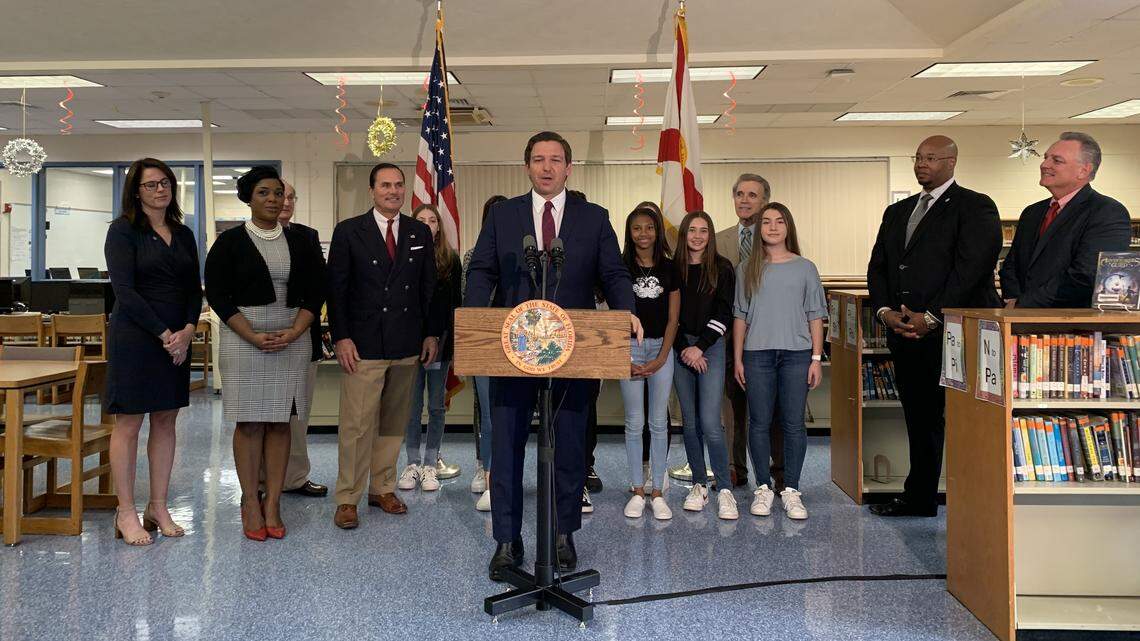 Gov. Ron DeSantis visited Omni Middle School in Boca Raton on Monday to announce the expansion of middle and high school speech and debate programs and the creation of a national civics, speech and debate competition. Those initiatives will be funded largely by one of his biggest donors, Home Depot co-founder Bernie Marcus.