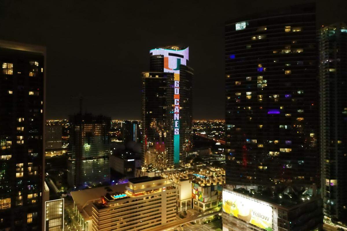 The 700-foot Paramount Miami Worldcenter ignited University of Miami colors in honor of the team’s Final Four competition in the the NCAA National Basketball Championship. The light show was set to run March 30 to April 1, 2023.