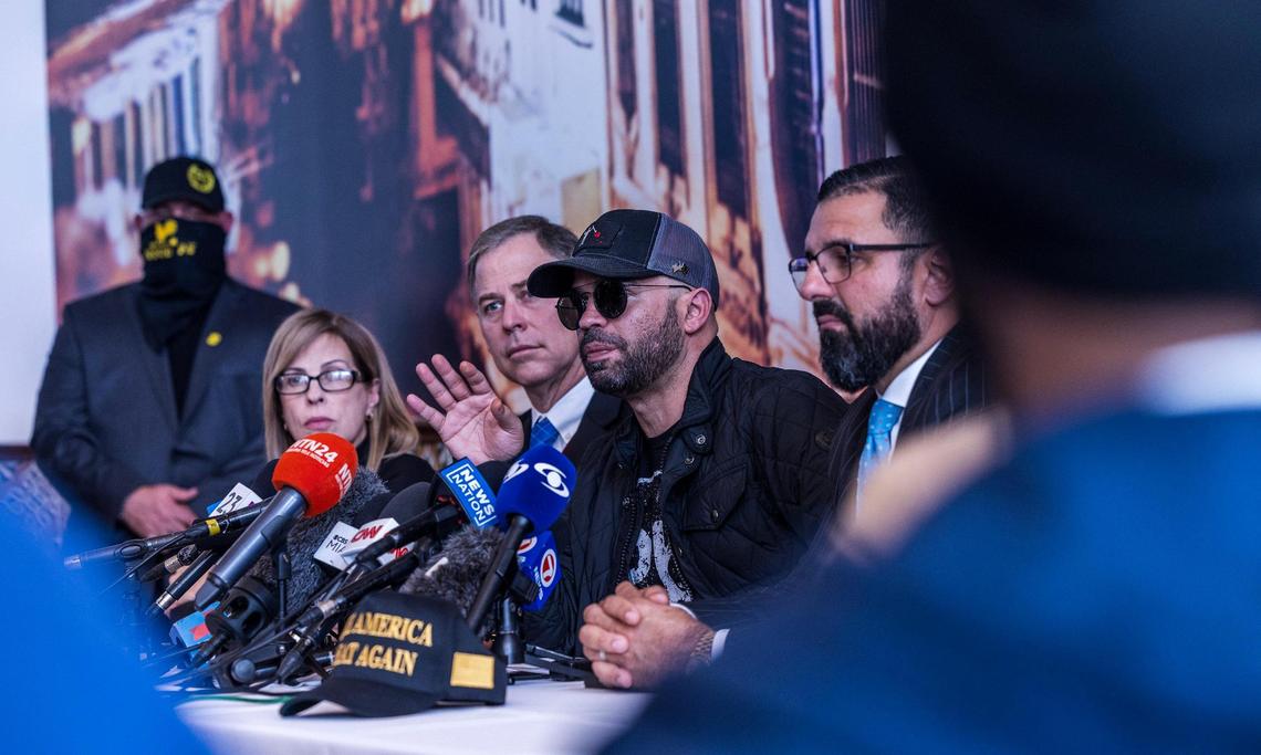 Proud Boy leader Enrique Tarrio (center) talks Friday, January 24, 2025. during a press conference flanked by his mother Zuny Duarte and his lawyers Sabino Jauregui (second from left) Nayib Hassan(far right). Tarrio was released from a federal prison by President Donald Trump on Monday, Jan. 20, 2025. The press conference was at Las Vegas Cuban Cuisine in Doral