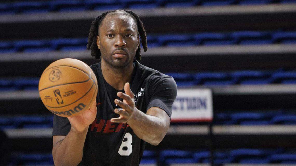 Precious Achiuwa (8) does a drill during the second day of Miami HEAT Training Camp on Wednesday, Oct. 1, 2025, at Florida Atlantic University in Boca Raton, Fla. 