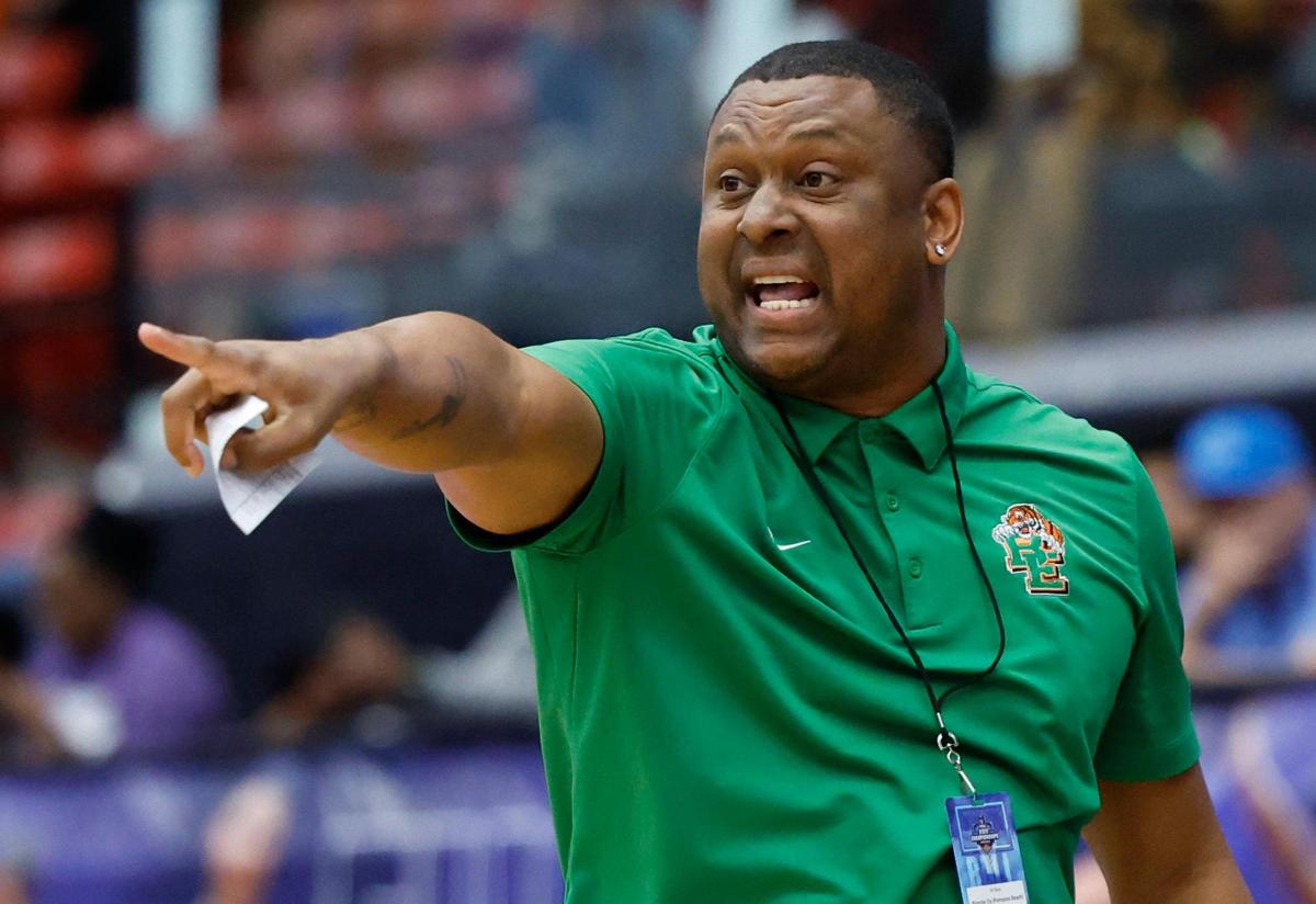Blanche Ely Tigers’ head coach J.R.McNabb signals towards the court during the game against Ponte Vedra in the second half of the FHSAA Class 5A Final for Boys High School Basketball State Championship at the RP Funding Center in Lakeland, Florida on Friday, March 7, 2025.