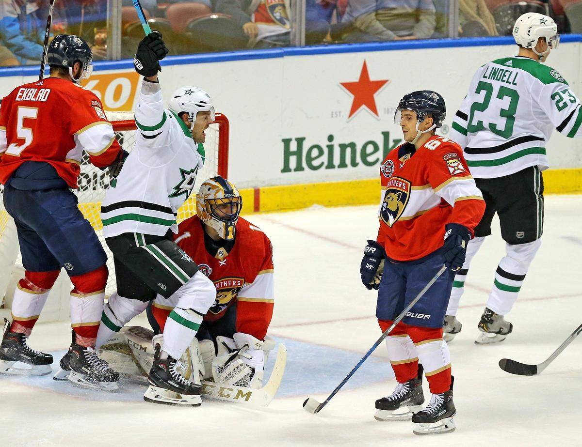 Florida Panthers goalie Roberto Luongo stays on the ice after Dallas Stars Esa Lindell (23) skates away after scoring third period goal at the BB&T Center in Sunrise, Florida, Tuesday, February, 12, 2019.