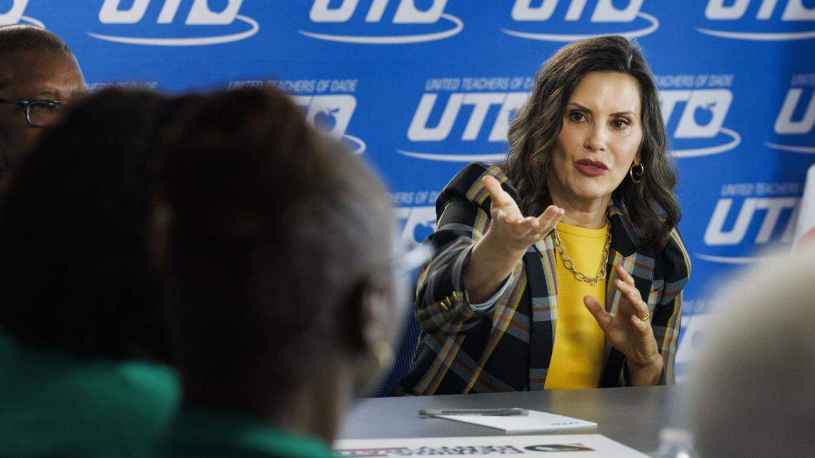 Michigan Gov. Gretchen Whitmer speaks to union leaders during a labor roundtable with the Florida Democratic Party on Monday, Oct. 20, 2025, at the United Teachers of Dade office building in Miami, Fla.