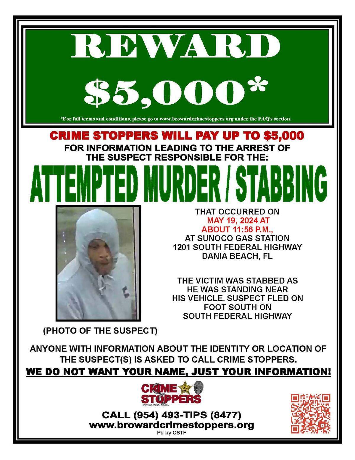 A wanted poster shows a man Broward Sheriff’s Office says stabbed another man in Dania Beach Sunday, May 19, 2024.