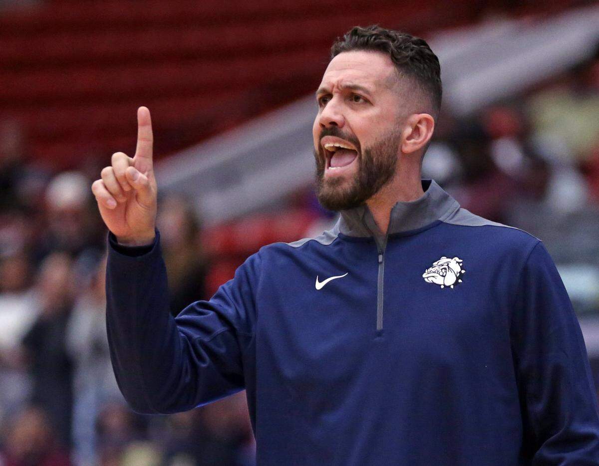 Riviera Prep head coach Anthony Shahbaz directs the team during game against Florida State University School in Class 3A boys basketball final at the RP Funding Center in Lakeland on Friday, March 4, 2022.