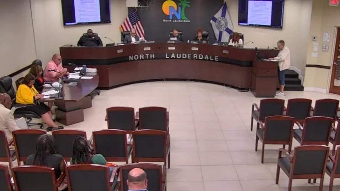 North Lauderdale resident Carol Cheyne speaks at the July 29, 2025, North Lauderdale City Commission meeting about a proposal to increase salaries of the mayor and commissioners.