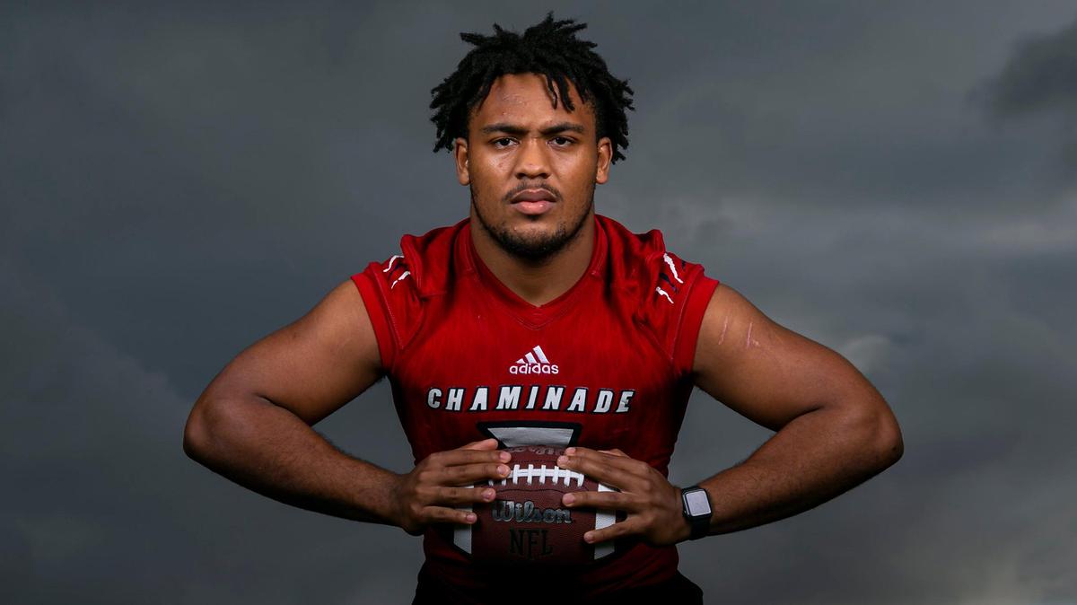 Broward Football Small School Offensive Player of the Year Davion Gause, from Chaminade-Madonna, is photographed at Brian Piccolo Park in Hollywood, Florida on Tuesday, January 11, 2022.