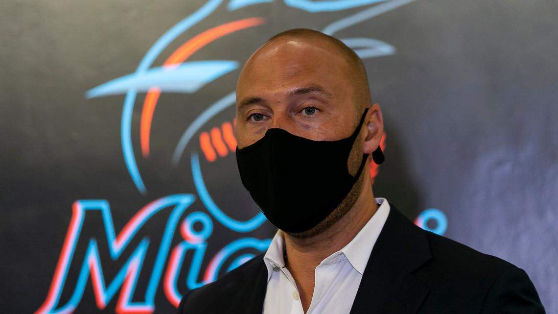Miami Marlins CEO Derek Jeter speaks to the media after announcing the renaming of the Marlins’ home stadium to loanDepot park in Miami’s Little Havana neighborhood on Wednesday, March 31, 2021.