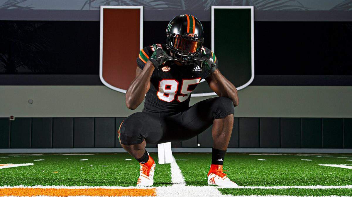 Jalen Wydermyer poses in the Carol Soffer Indoor Practice Facility during his official visit with the Miami Hurricanes. The tight end recruit shared the photo on Twitter earlier this week.