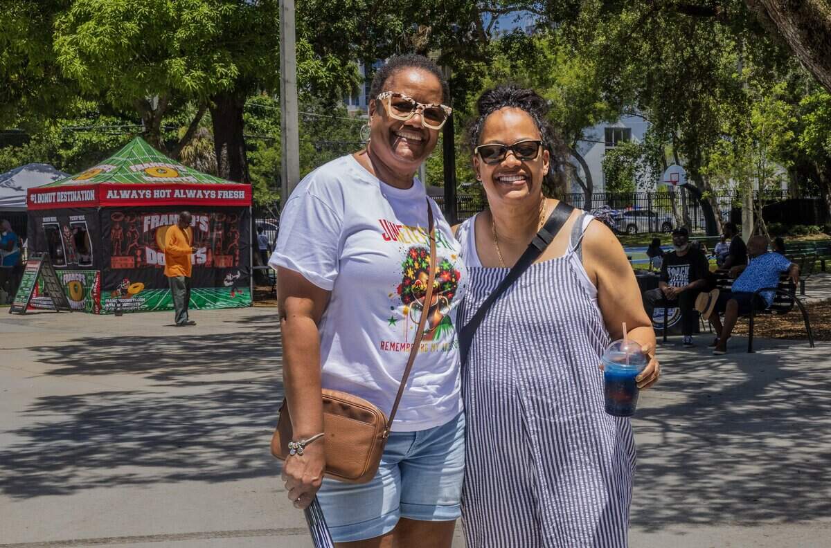 Long time Coconut Grove residents mother and daughter Pam (left) and Kai Jennings enjoyed the good weather, during the 3rd Annual Juneteenth Freedom Day Emancipation celebration at the Elizabeth Virrick Park, that featured live music, cultural performances, storytelling, and community fellowship, on Friday June 19, 2026.