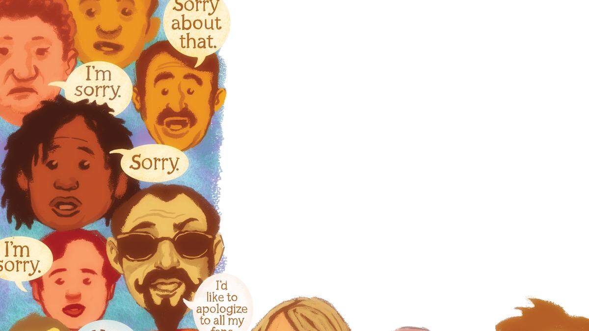 Jeff Durham illustration of different faces, all saying they are “sorry.”