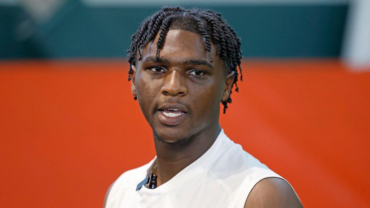 Miami Hurricanes quarterback Cam Ward speaks during a press conference at Carol Soffer Indoor Practice Facility in Coral Gables, Florida on Thursday, April 11, 2024.