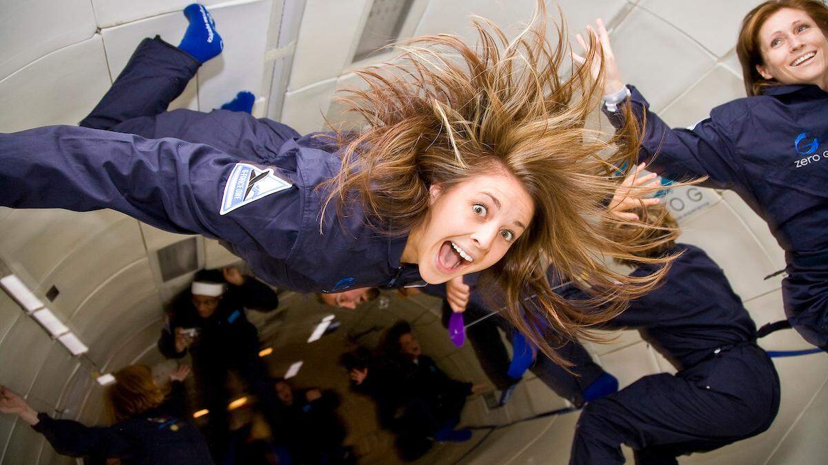 Passengers spin and float on one of Zero-G’s recent weightless flights.
